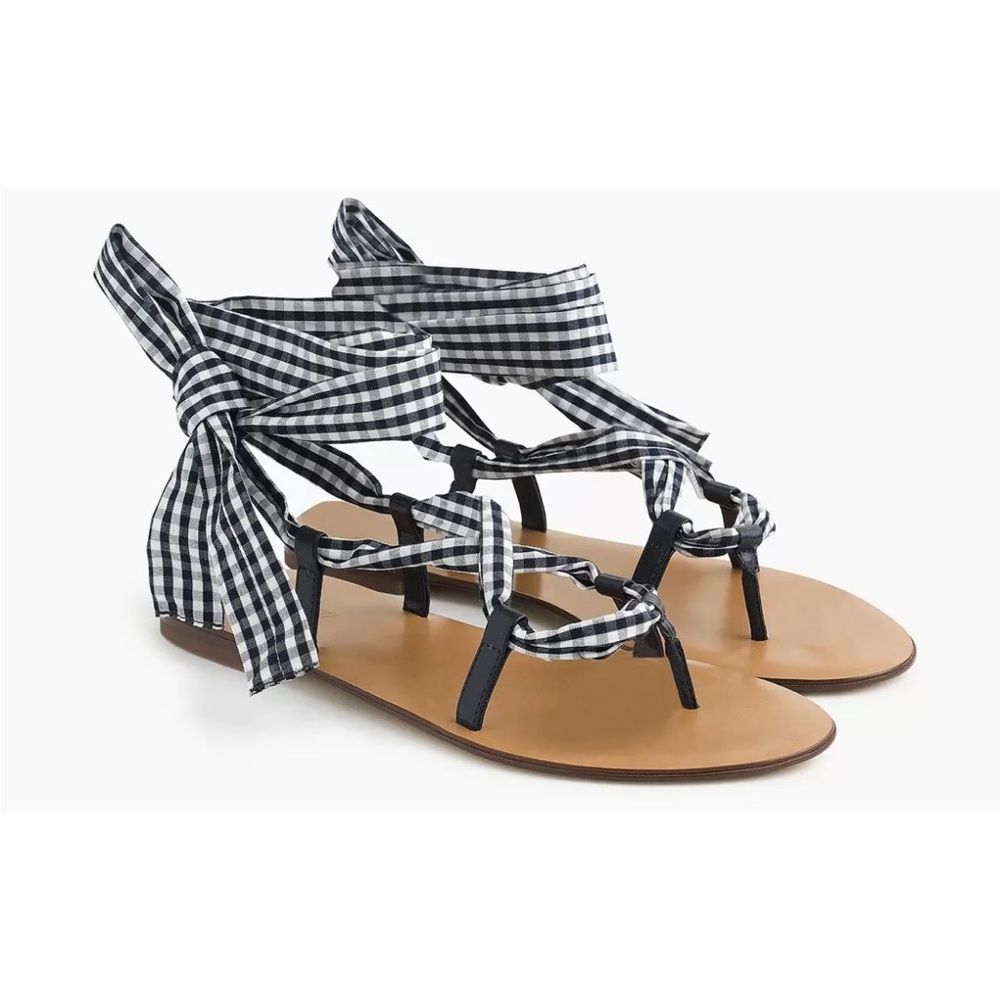 NEW J.Crew Lace Up Sandals in Gingham Navy Ankle Tie Size 8. Style J2352